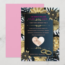 Invitación de boda floral negra y dorada elegante
