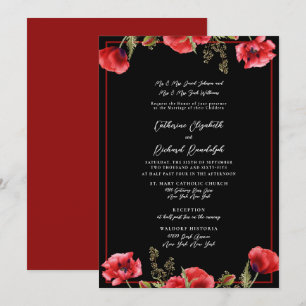 Invitación de boda floral negra y roja formal