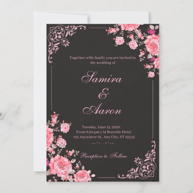 Invitación de boda floral negra y rosa (Anverso)