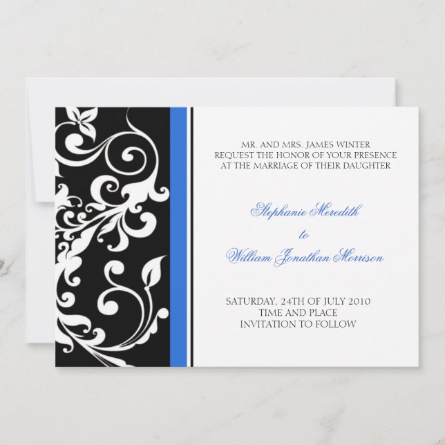 Invitación de Boda - Floral - Negro/Azul (Anverso)