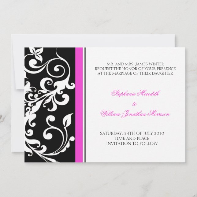 Invitación de Boda - Floral - Negro/Rosa (Anverso)