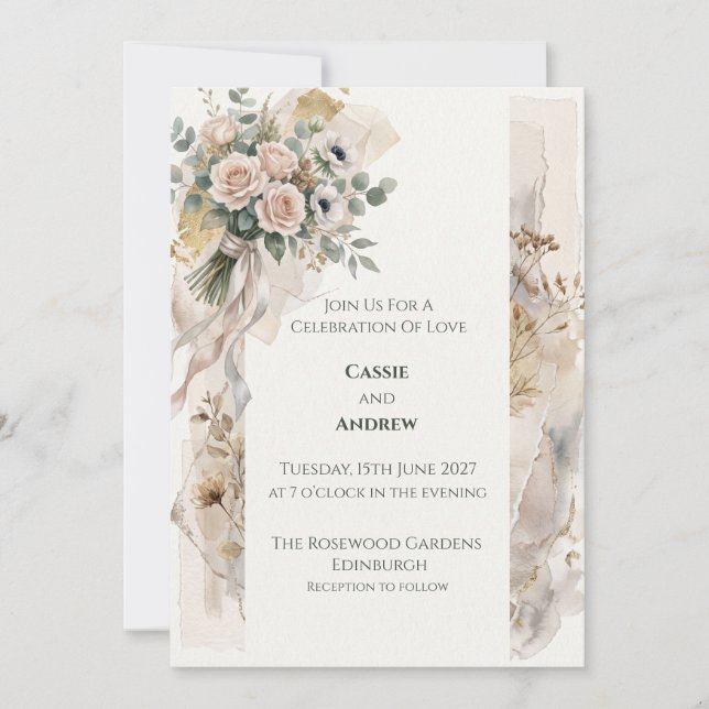 Invitación de boda floral neutra de melocotón (Anverso)
