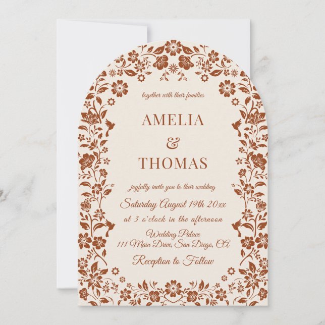 Invitación de boda floral neutra de terracota (Anverso)