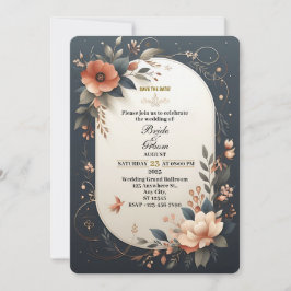 Invitación de boda floral oscura de color azul mar
