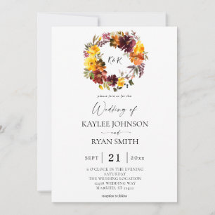 Invitación de boda floral otoñal dorado naranja y