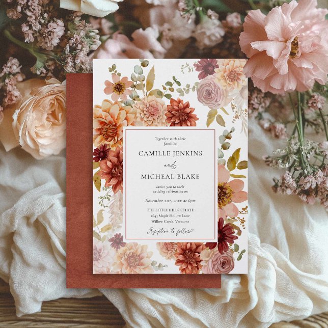 Invitación de boda floral otoñal romántica (Fall Burgundy Rustic Wedding Invitation)