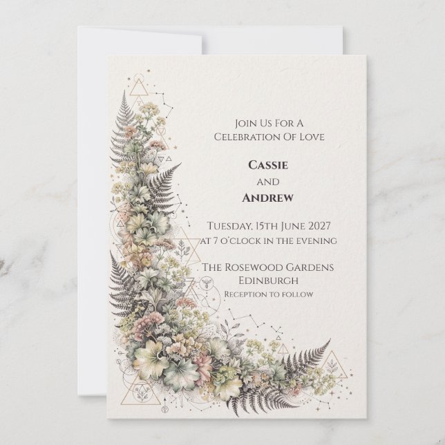 Invitación de boda floral pastel helecho (Anverso)