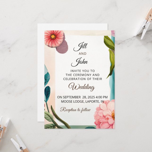 Invitación de boda floral pastel rosa azul botánic (Anverso/Reverso In Situ)