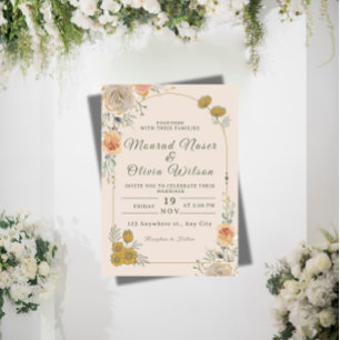 Invitación de boda floral pastel y dorado
