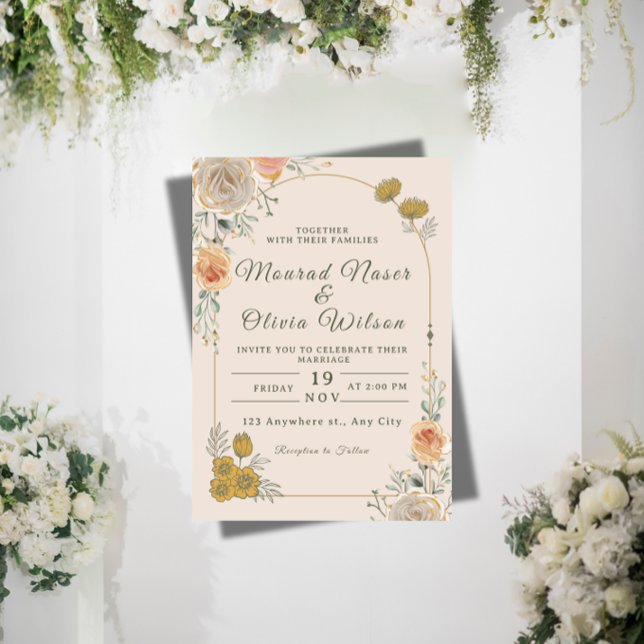 Invitación de boda floral pastel y dorado (Subido por el creador)