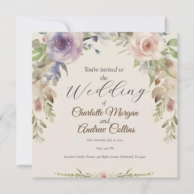 Invitación de boda floral pintada (Anverso)