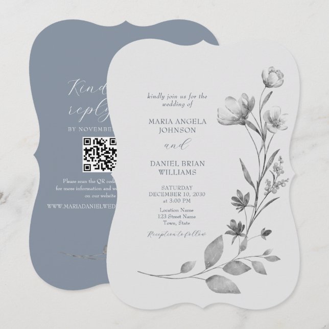 Invitación de boda floral plateada rústica (Anverso / Reverso)