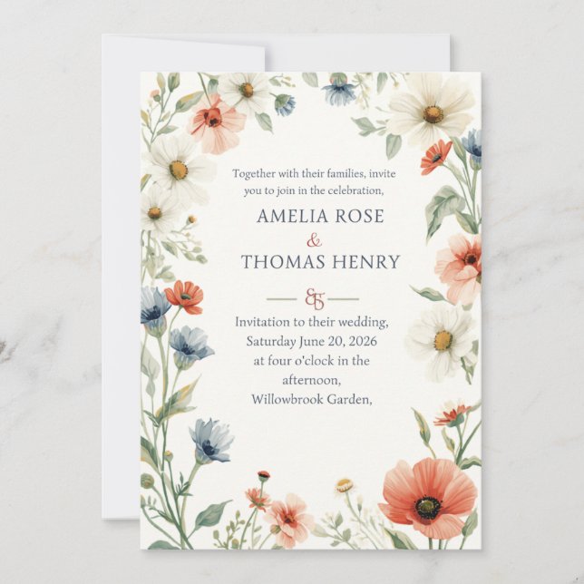 Invitación de Boda Floral Pradera Romántica (Anverso)