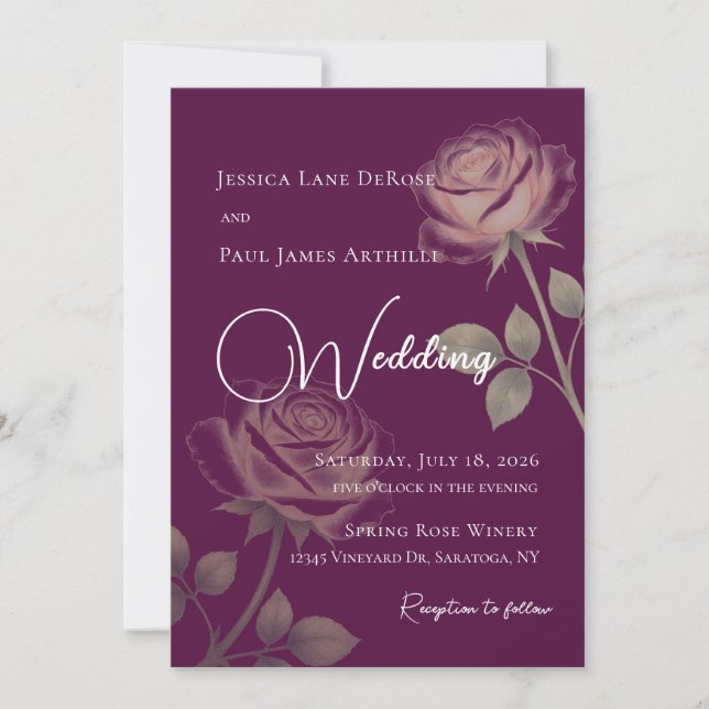 Invitación de boda floral púrpura (Anverso)