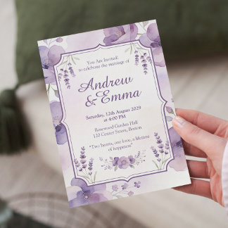 Invitación de boda floral púrpura acuarela