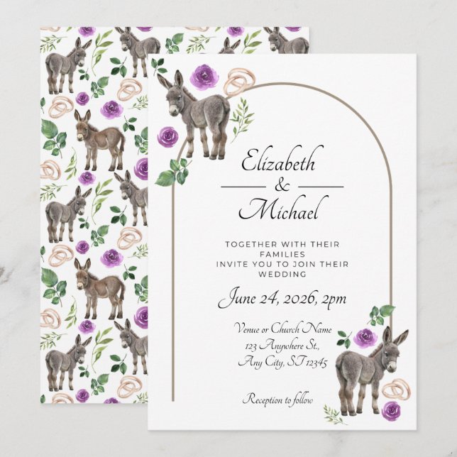 Invitación de Boda Floral Púrpura Burro Rústico (Anverso / Reverso)