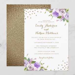 Invitación de boda floral púrpura con confeti dora