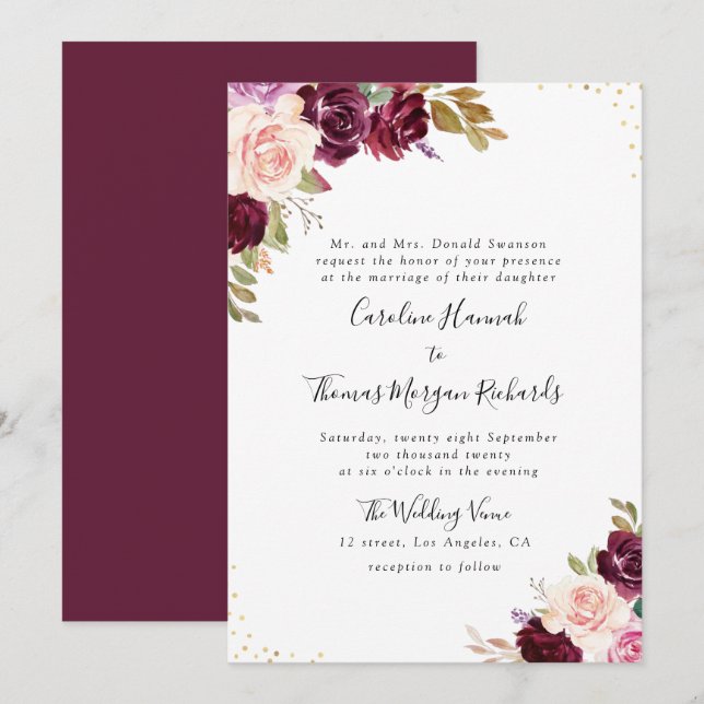 invitación de boda floral púrpura de ciruela (Anverso / Reverso)