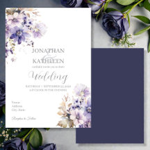 Invitación de boda floral púrpura y azul con acuar