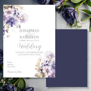 Invitación de boda floral púrpura y azul con acuar