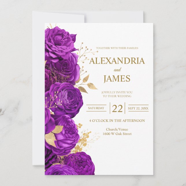 Invitación de boda floral púrpura y dorada (Anverso)