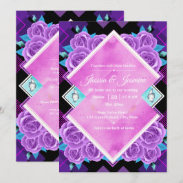 Invitación de boda floral púrpura y turquesa vibra