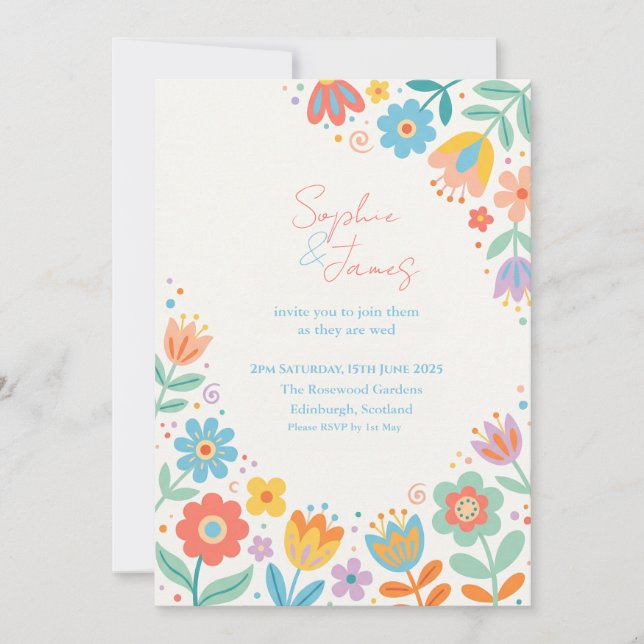 Invitación de boda floral retro colorida (Anverso)