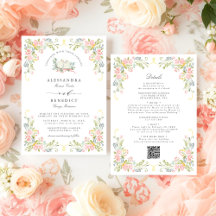 Invitación de Boda Floral Rococó Pastel QR