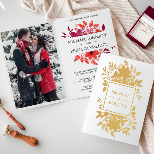 Invitación de boda floral roja carmesí con papel d