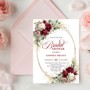 Invitación de boda floral roja chic con dorado par