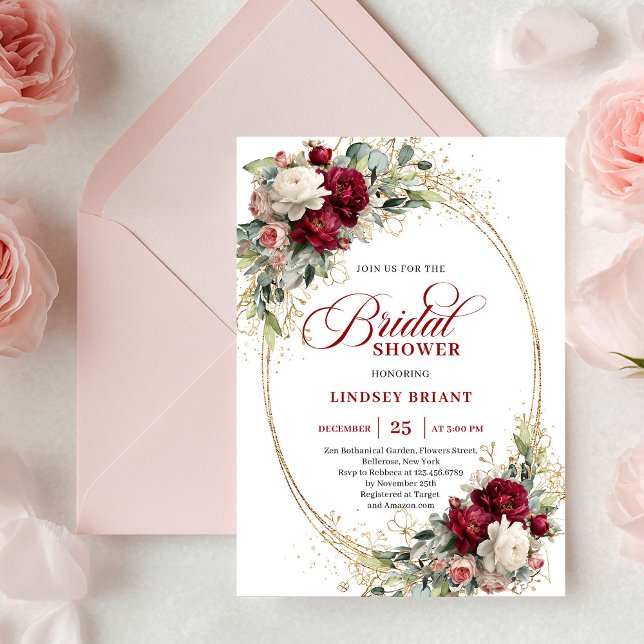 Invitación de boda floral roja chic con dorado par (Chic Deep Red Floral Gold Bridal Shower Invitation)