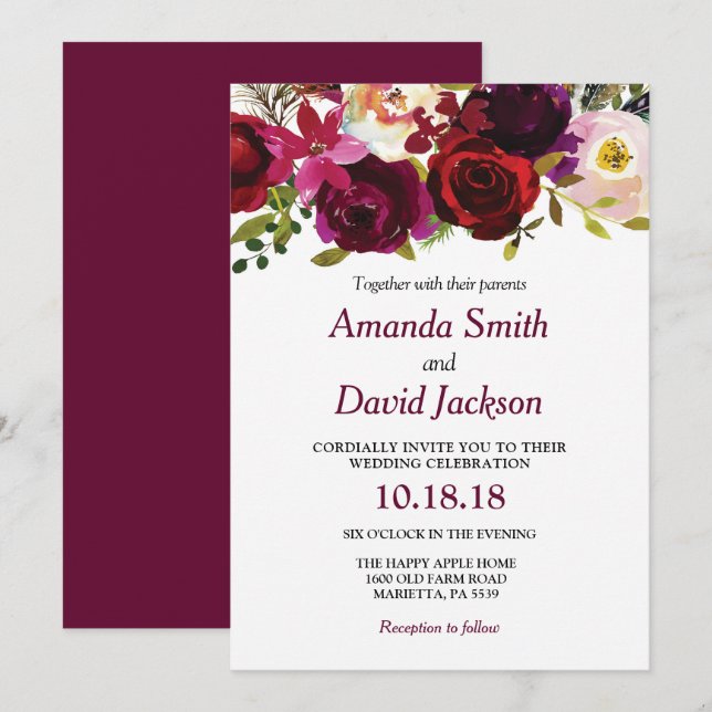 Invitación de boda floral roja de Burdeos con acua (Anverso / Reverso)