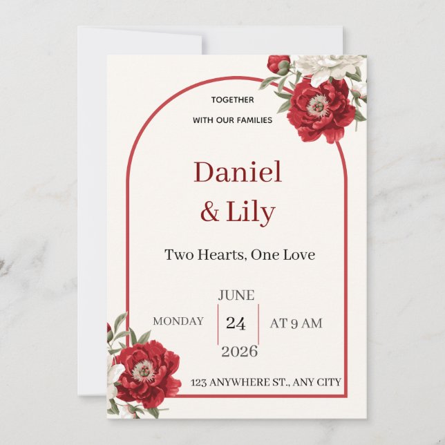 Invitación de boda floral roja elegante (Anverso)
