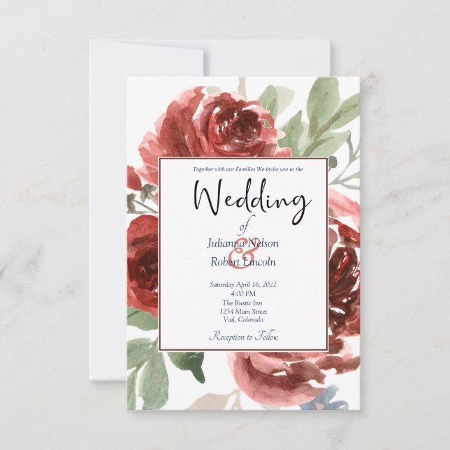 Invitación de boda floral roja elegante (Anverso)