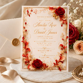 Invitación de Boda Floral Roja Elegante y Dorada
