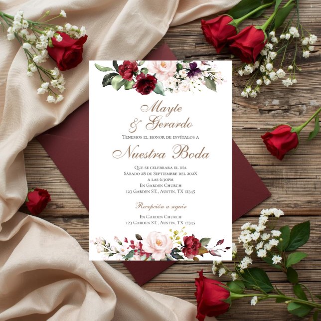 Invitación de boda floral roja en español (Subido por el creador)