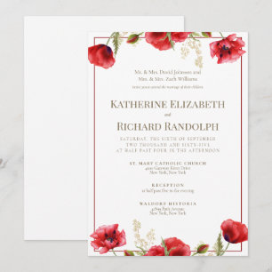 Invitación de boda floral roja formal en rojo y bl