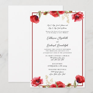 Invitación de boda floral roja formal en rojo y bl
