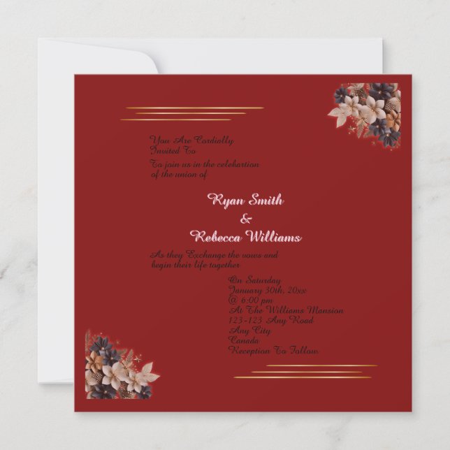 Invitación de boda floral roja Invitación cuadrada (Anverso)