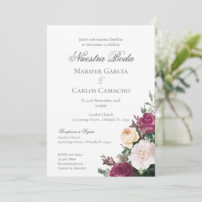Invitación de boda floral roja Invitación Spa (Anverso de pie)