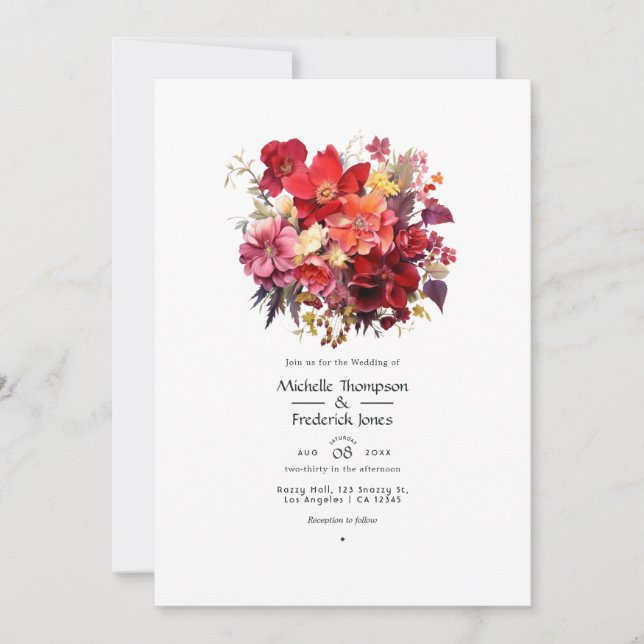 Invitación de boda floral roja lujuriosa (Anverso)