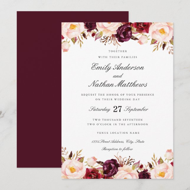 Invitación de boda floral roja Marsala Borgoña (Anverso / Reverso)