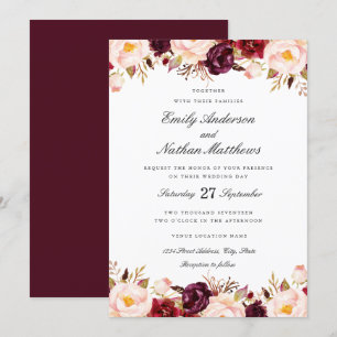 Invitación de boda floral roja Marsala Borgoña