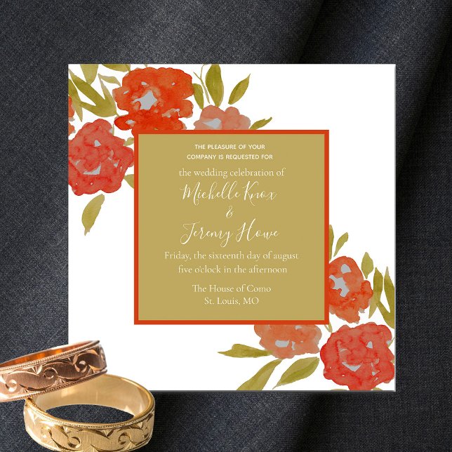 Invitación de boda floral roja naranja dorada bohe (Subido por el creador)