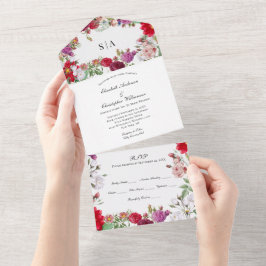 Invitación de boda floral roja púrpura todo en uno