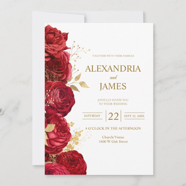 Invitación de boda floral roja y dorada (Anverso)
