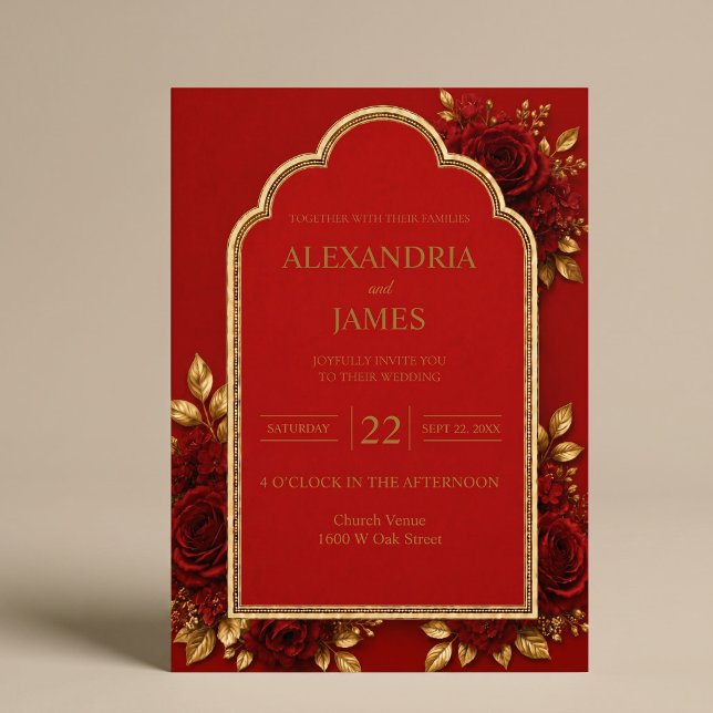 Invitación de boda floral roja y dorada (Subido por el creador)