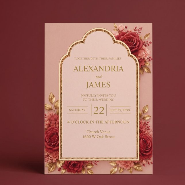 Invitación de boda floral roja y dorada (Subido por el creador)