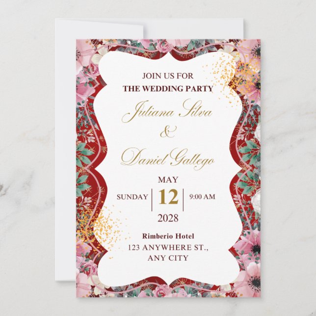 Invitación de boda floral roja y rosa (Anverso)
