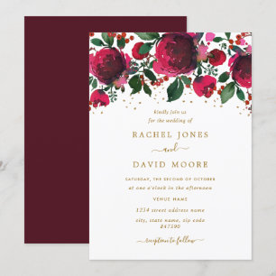 Invitación de Boda Floral Rojo Burdeos Dorado